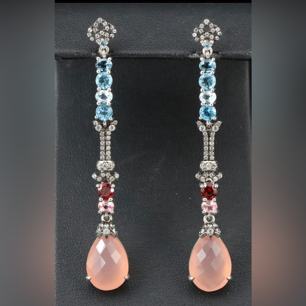 Sterling Chalcedony Garnet Blue & White Topaz Long Drop Earrings. 9.70 grams